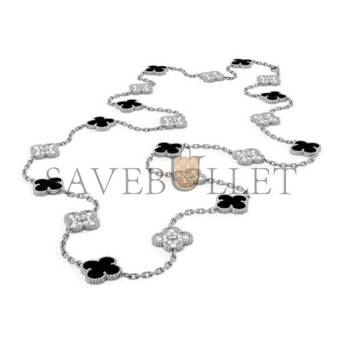 v*n cl*f arpels vintage alhambra long necklace, 20 motifs - white gold, Di*m*nd, onyx  vcarp2r800