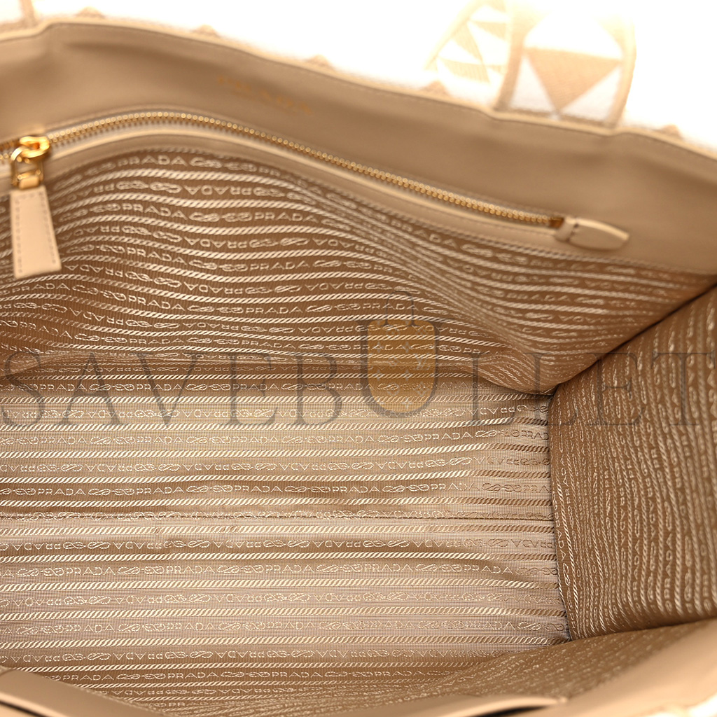 Pra*a fabric embroidered saffiano large symbole tote black beige (43*31*20cm)