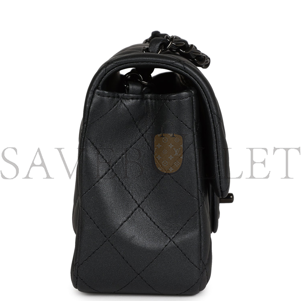 Ch*el mini rectangular flap so black iridescent lambskin black hardware ap1116 (20*13*6cm)