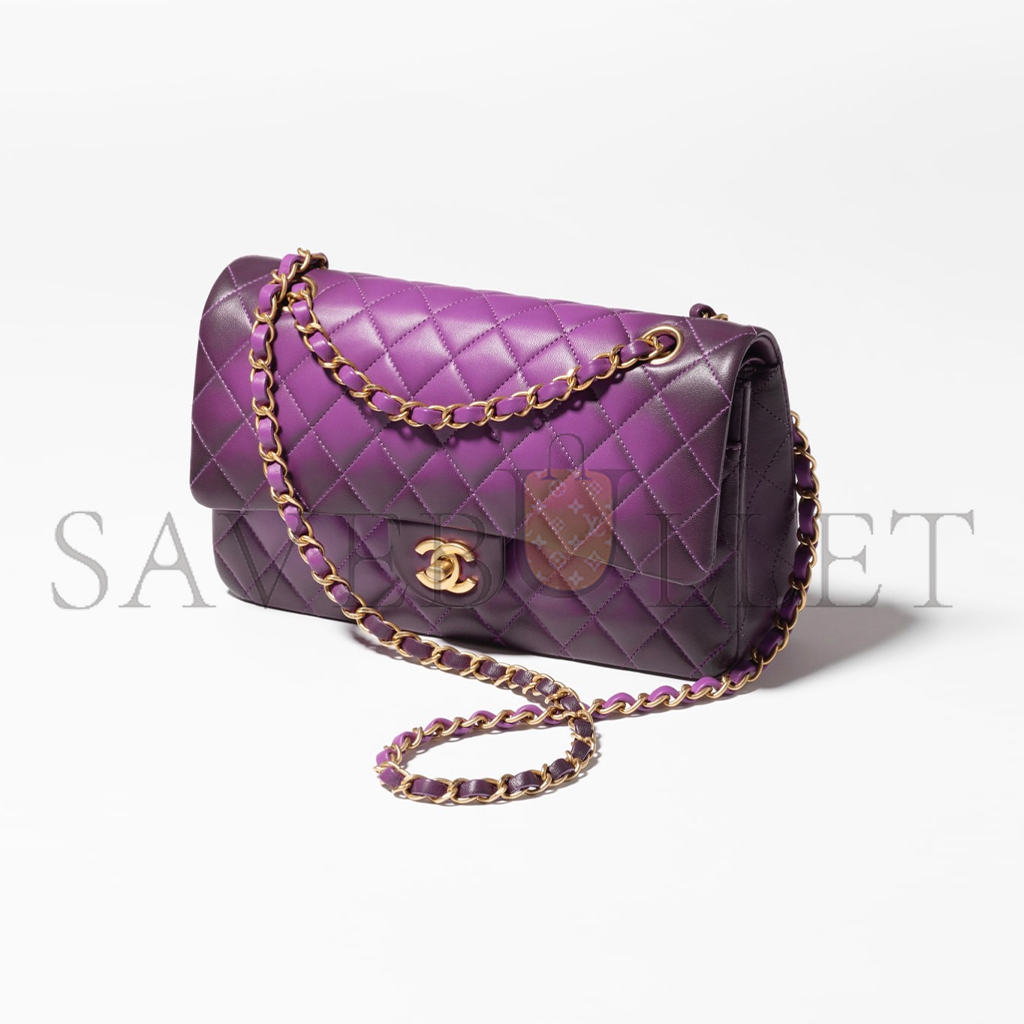 Ch*el mini bag with top handle, shiny lambskin & gold-tone metal (25.5*14*6.5cm)