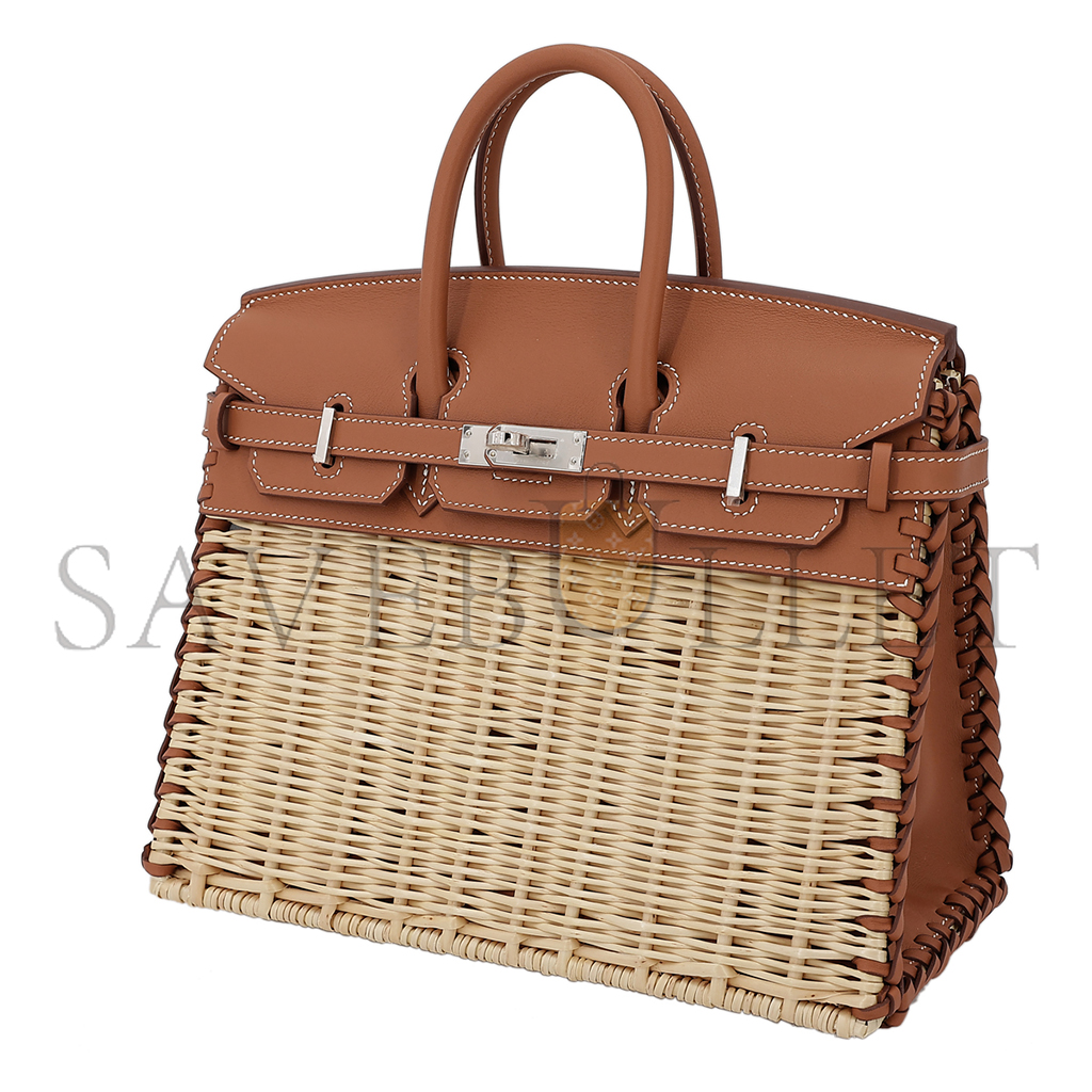 H**mes master birkin picnic 25 brown wicker silver buckle platinum bag 10078587 (25*20*13cm)