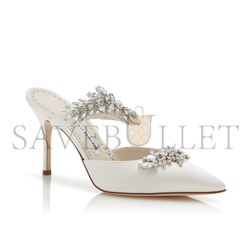 MANOLO BLAHNIK LURUMUS OFF-WHITE SATIN CRYSTAL EMBELLISHED MULES 9XX-0362-0049