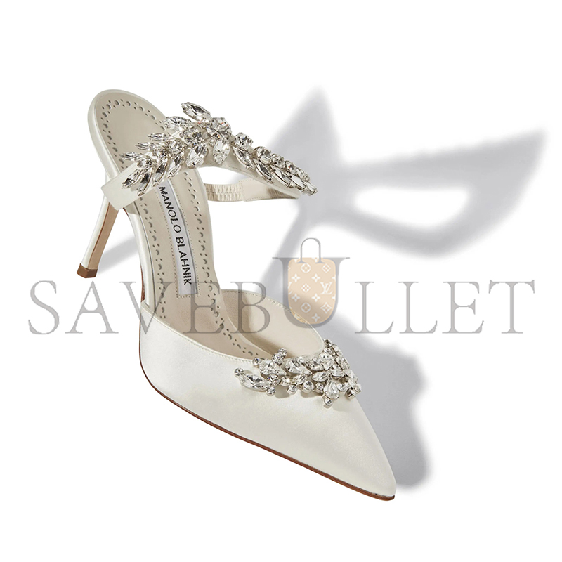 MANOLO BLAHNIK LURUMUS OFF-WHITE SATIN CRYSTAL EMBELLISHED MULES 9XX-0362-0049