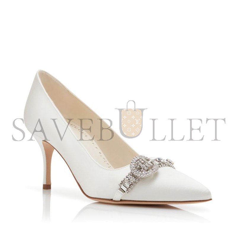 MANOLO BLAHNIK ASAPUMP WHITE SATIN JEWEL EMBELLISHED PUMPS 424-1928-0004