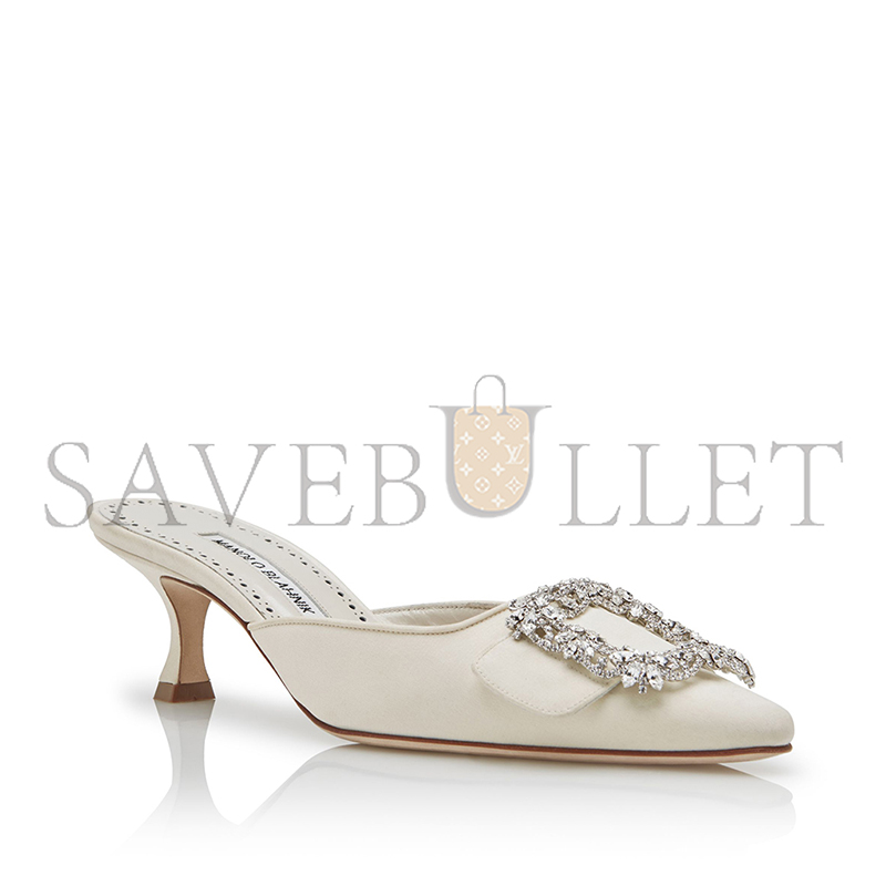 MANOLO BLAHNIK MAYSALE BRIDAL CREAM CREPE DE CHINE JEWEL BUCKLE MULES 118-0115-0001