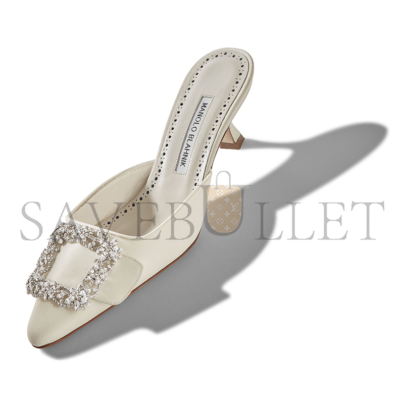 MANOLO BLAHNIK MAYSALE BRIDAL CREAM CREPE DE CHINE JEWEL BUCKLE MULES 118-0115-0001