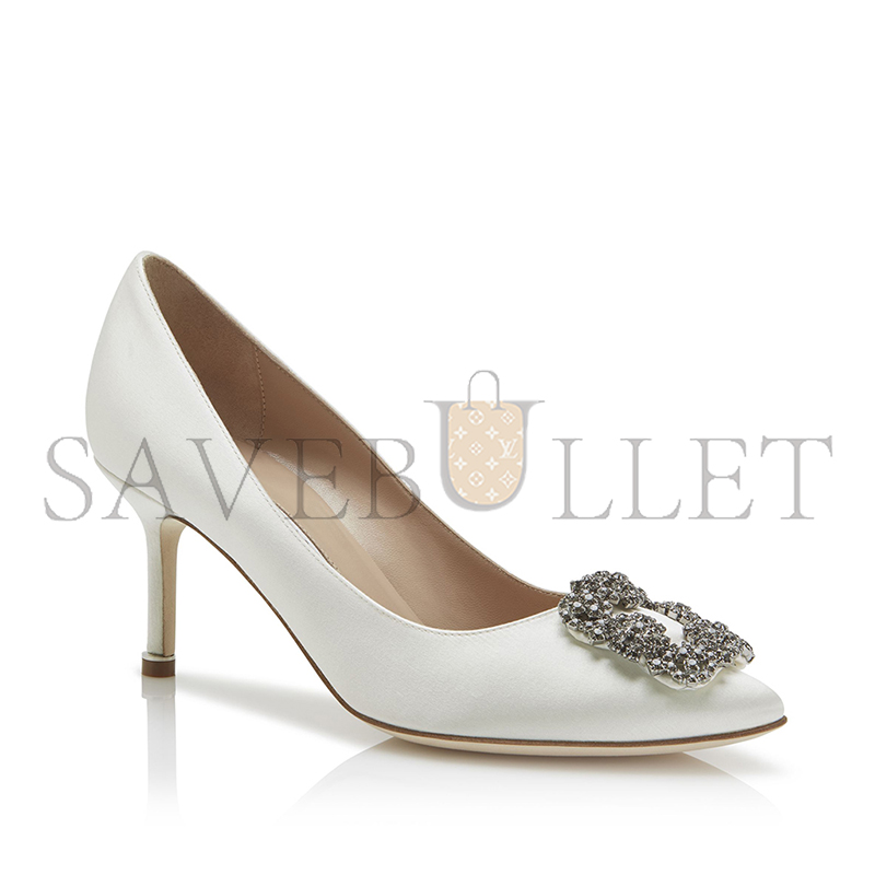 MANOLO BLAHNIK HANGISI 70 WHITE SATIN JEWEL BUCKLE PUMPS 9XX-0662-0039