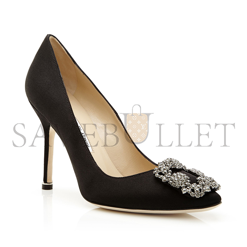MANOLO BLAHNIK HANGISIBLACK SATIN JEWEL BUCKLE PUMPS 9XX-0664-0033