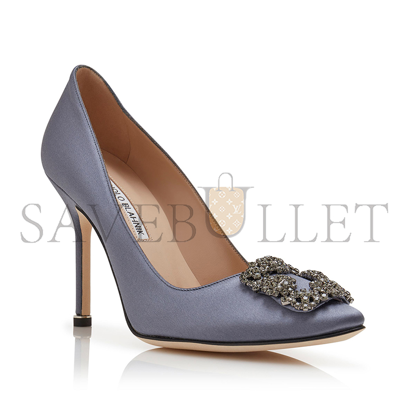 MANOLO BLAHNIK HANGISI GREY SATIN JEWEL BUCKLE PUMPS 9XX-0664-0053