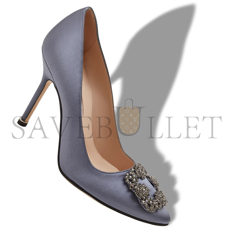 MANOLO BLAHNIK HANGISI GREY SATIN JEWEL BUCKLE PUMPS 9XX-0664-0053