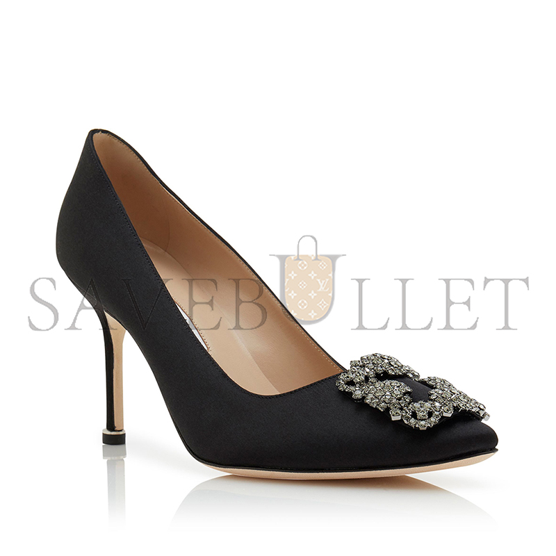 MANOLO BLAHNIK HANGISI 90 BLACK SATIN JEWEL BUCKLE PUMPS 9XX-0663-0040