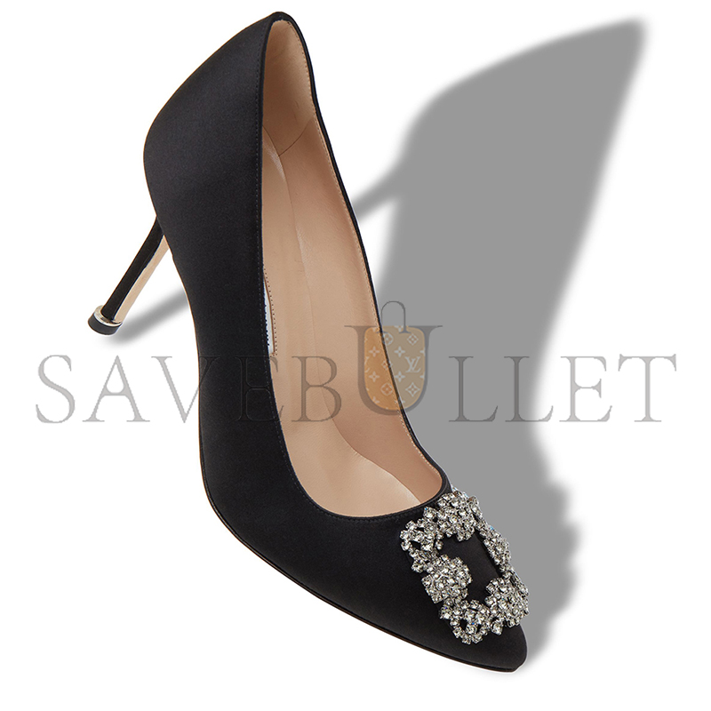 MANOLO BLAHNIK HANGISI 90 BLACK SATIN JEWEL BUCKLE PUMPS 9XX-0663-0040