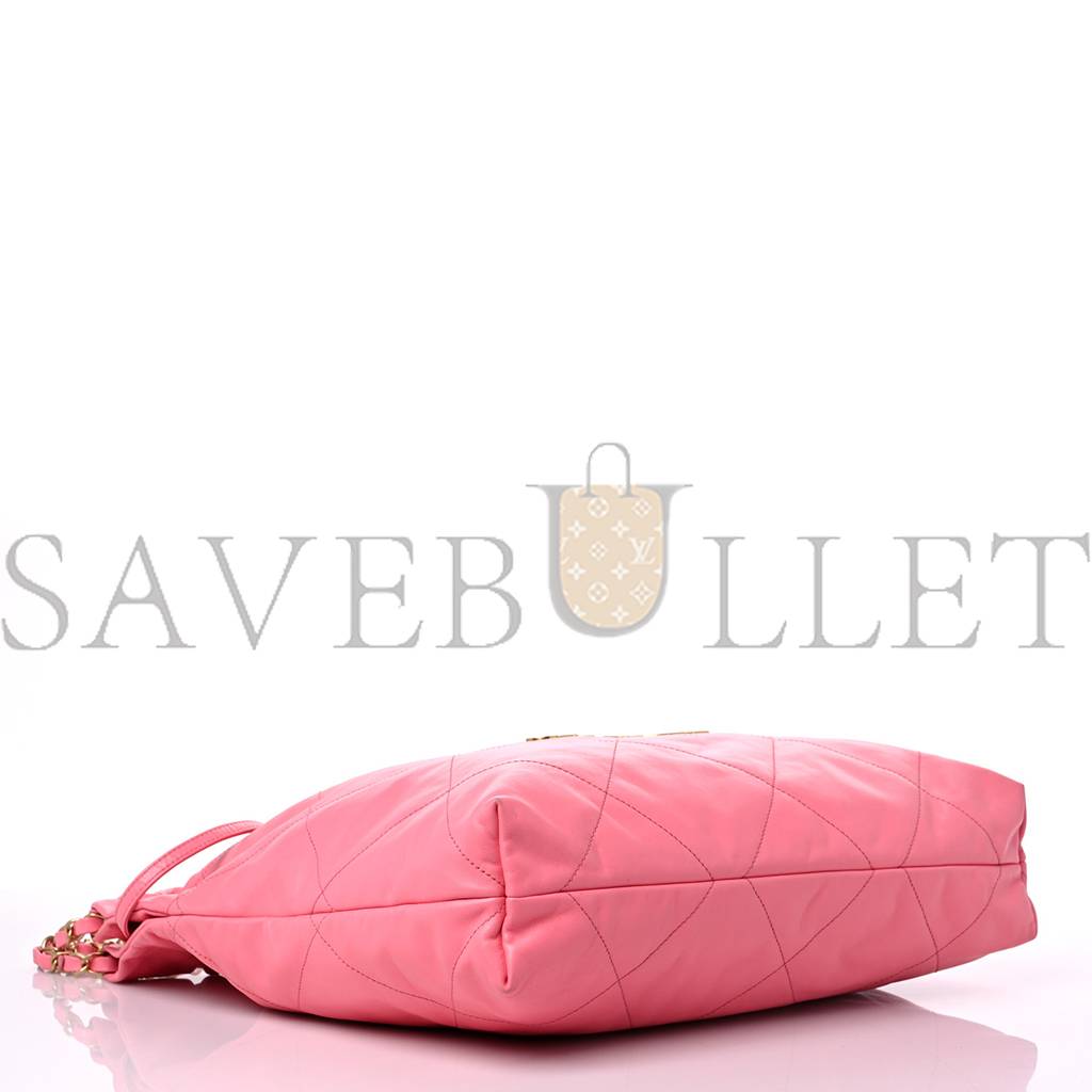 Ch*el shiny calfskin quilted Ch*el 22 drawstring bag coral pink gold hardware (42*39*8cm)