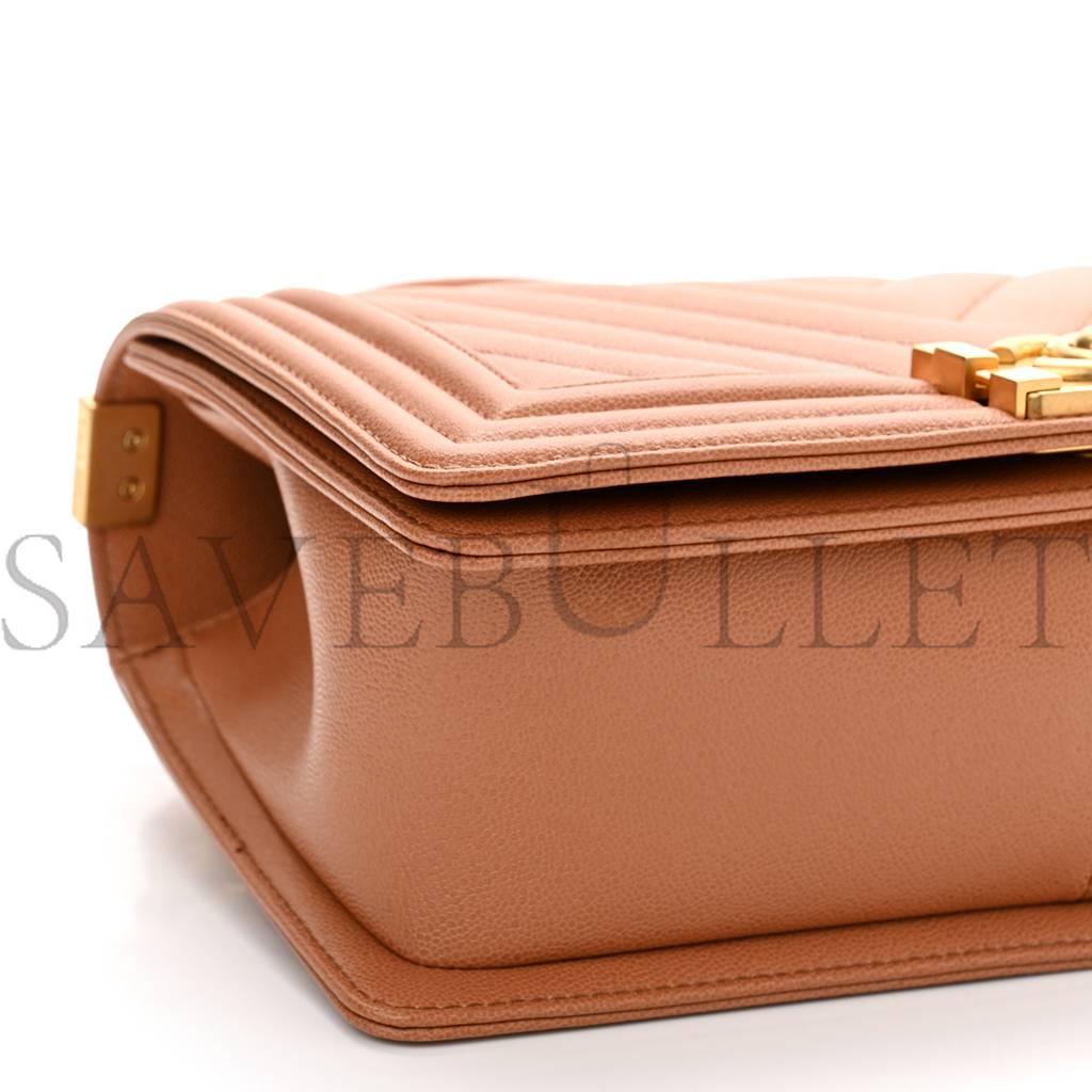 Ch*el caviar chevron quilted medium boy flap brown gold hardware (25*15*6cm)