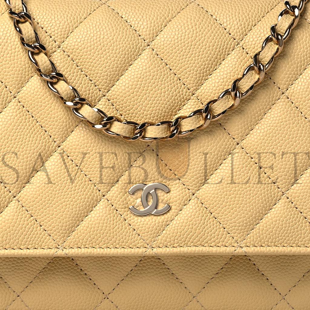 Ch*el caviar quilted wallet on chain woc light yellow rose gold hardware (19*12*3cm)