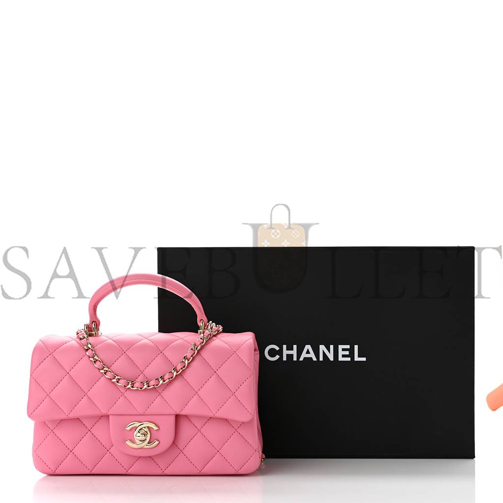 Ch*el lambskin quilted mini top handle rectangular flap pink rose gold hardware (20*12*6cm)
