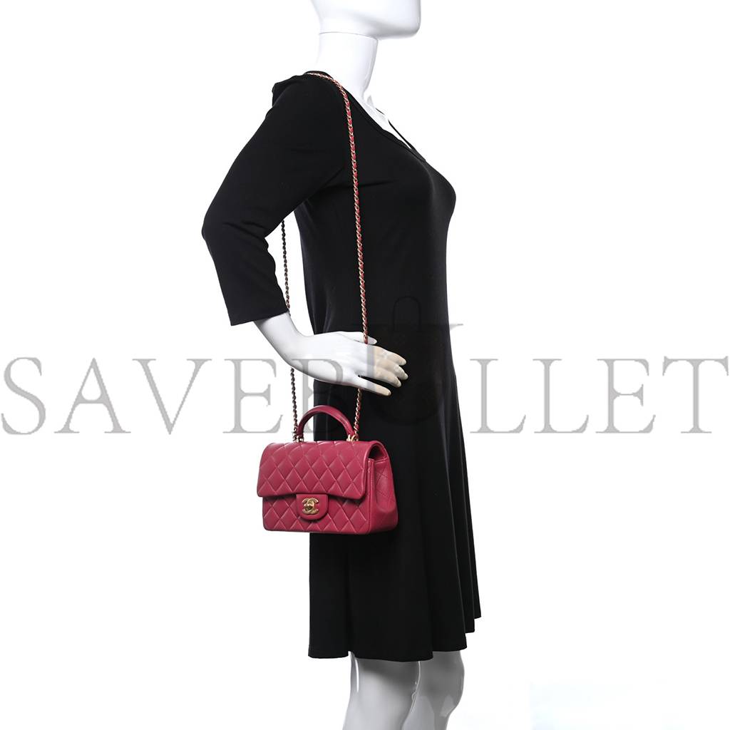 Ch*el lambskin quilted mini top handle rectangular flap dark pink rose gold hardware (19*13*7cm)