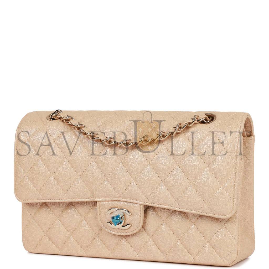 Ch*el medium classic double flap bag beige iridescent caviar light gold hardware (25*15*7cm)
