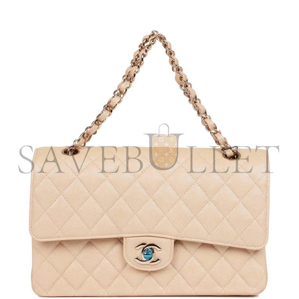 Ch*el medium classic double flap bag beige iridescent caviar light gold hardware (25*15*7cm)