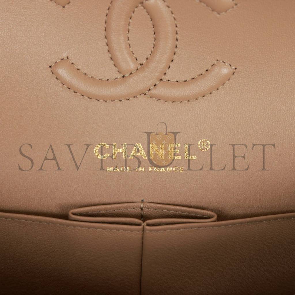 Ch*el small classic double flap dark beige caviar light gold hardware (23*13*6cm)