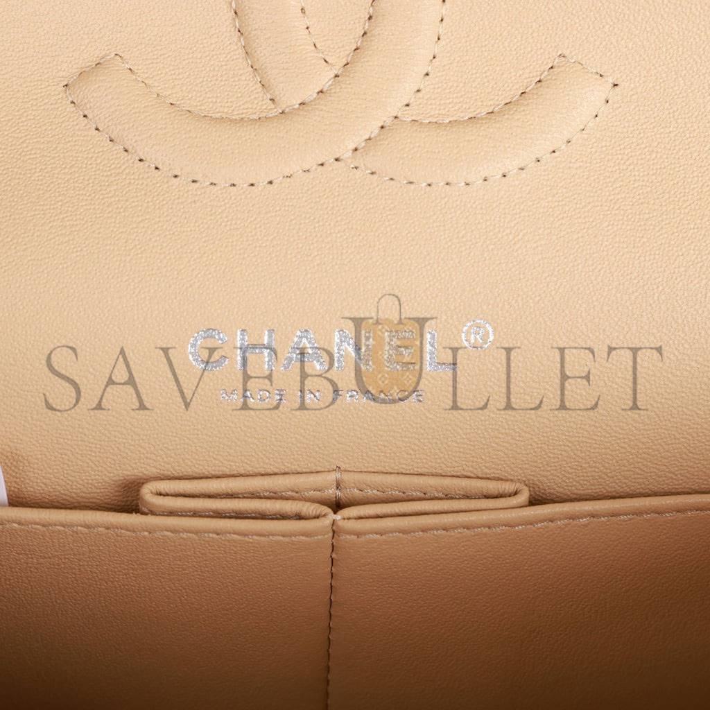 Ch*el medium classic double flap bag beige caviar silver hardware (25*15*7cm)