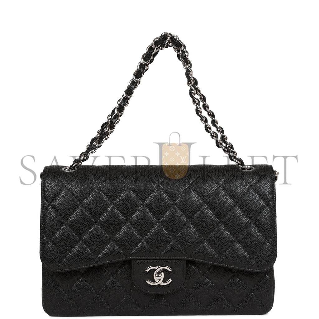 Ch*el jumbo classic double flap bag black caviar silver hardware (30*20*9cm)