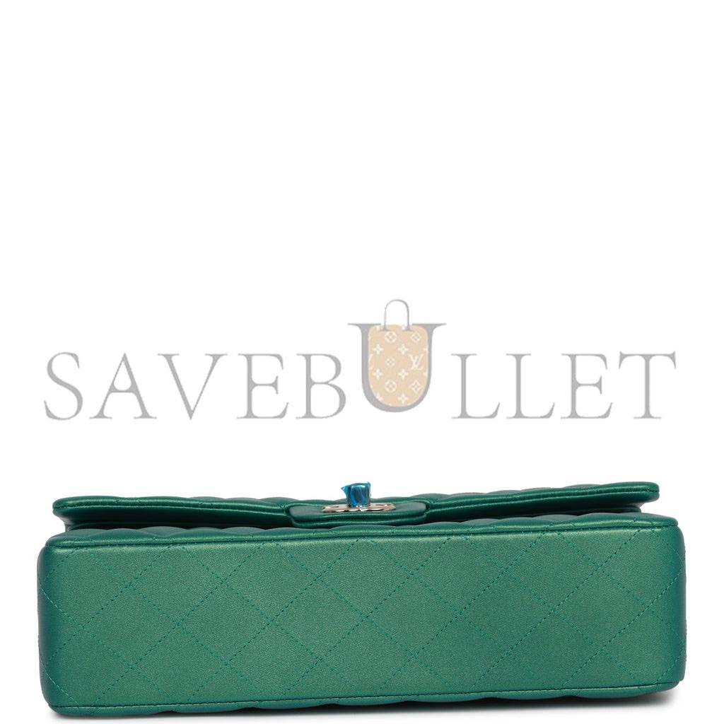 Ch*el medium classic double flap bag green iridescent lambskin light gold hardware (25*15*7cm)