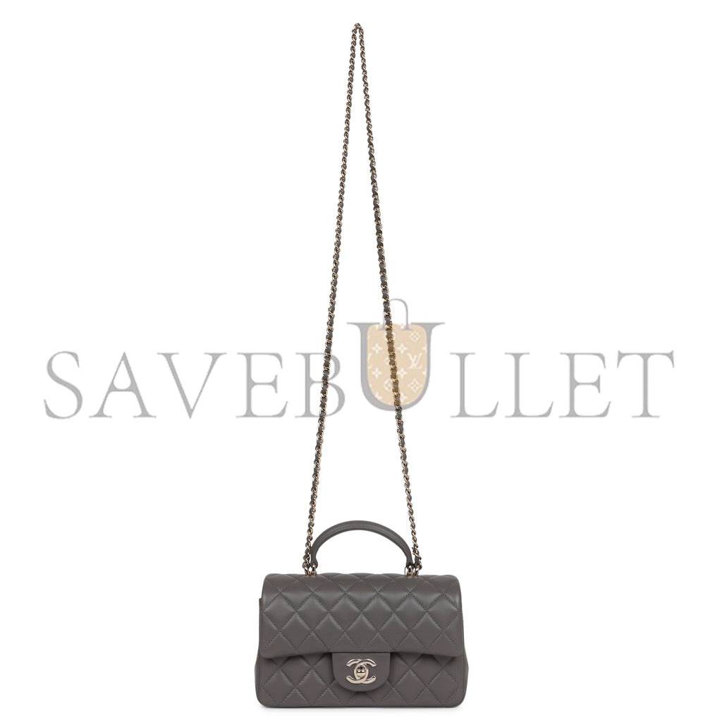 Ch*el mini rectangular flap bag with top handle dark grey lambskin light gold hardware (22*15*8cm)