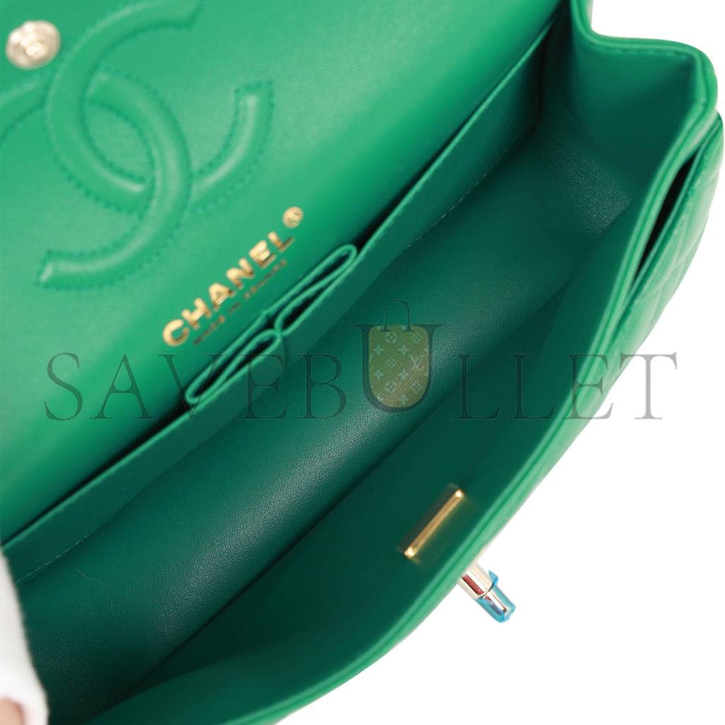 Ch*el small classic double flap bag green lambskin light gold hardware (23*13*6cm)