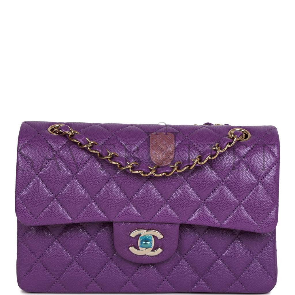 Ch*el small classic double flap purple caviar light gold hardware (23*13*6cm)