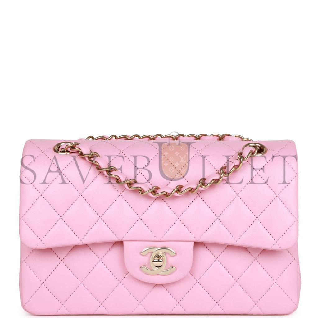 Ch*el small classic double flap pink lambskin light gold hardware (23*13*6cm)