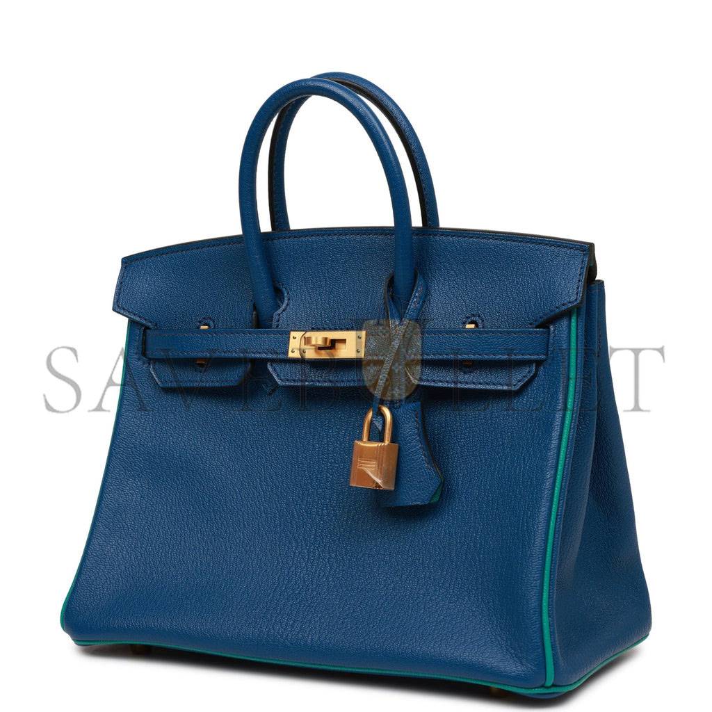 H**mes special order (hss) birkin 25 bleu saphir and vert vertigo chevre brushed gold hardware handmade (25.cm)