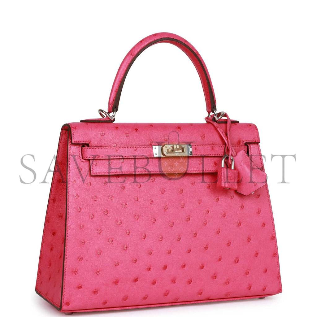 H**mes special order (hss) kelly sellier 25 rose tyrien verso ostrich palladium hardware handmade (25*17*7cm)