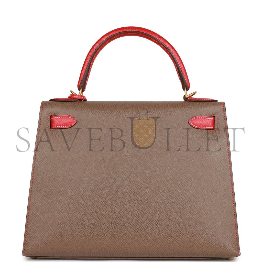 H**mes special order (hss) kelly sellier 28 etoupe and rouge tomate epsom brushed gold hardware (28*22*10cm)