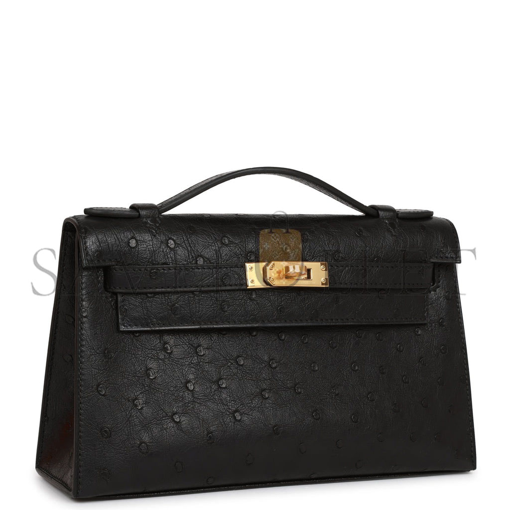 H**mes kelly pochette black ostrich gold hardware (22*12*13cm)