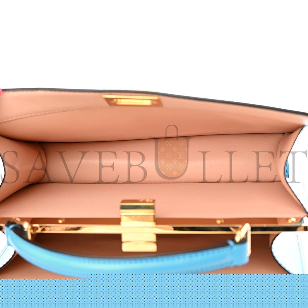 F**di vitello king luxor shiny nappa medium peekaboo i see u east west satchel cyber blue light rose (29*18*11cm)